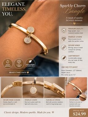 Gold Sparkle Charm Bangle Bracelet-wear/tear